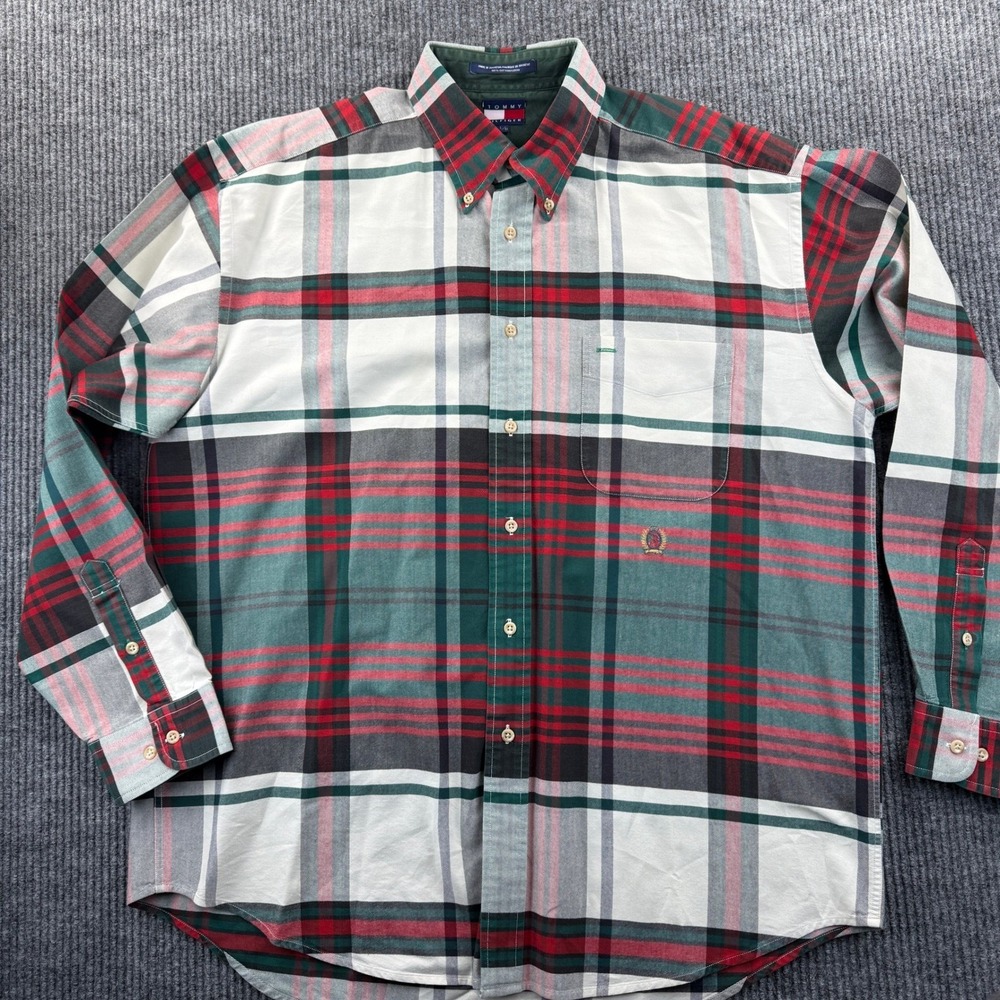 Tommyโ Hilfiger Shirt Mens Large Red Green Plaid Button Up Long Sleeve